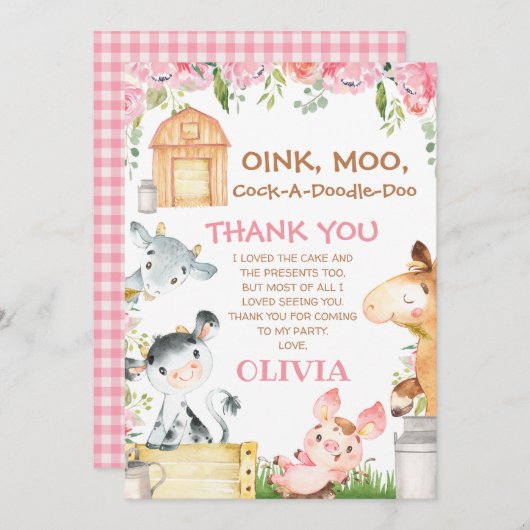 ピンクフローラファーム納屋周囲の庭誕生日サンキューカード 招待状 (正面/裏面)