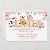 ピンクフローラファーム金ゴールドワンファースト誕生日 招待状 (正面/裏面)