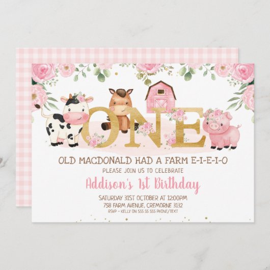 ピンクフローラファーム金ゴールドワンファースト誕生日 招待状 (正面/裏面)