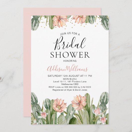 ピンクフローラフィエスタカクタスサクレントブライダルシャワー 招待状 (正面/裏面)