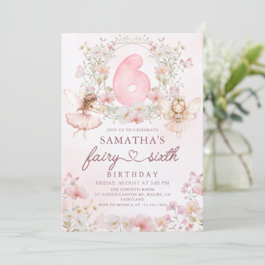ピンクフローラフェアリーガーデン6th誕生日招待状 招待状 (スタンド正面)