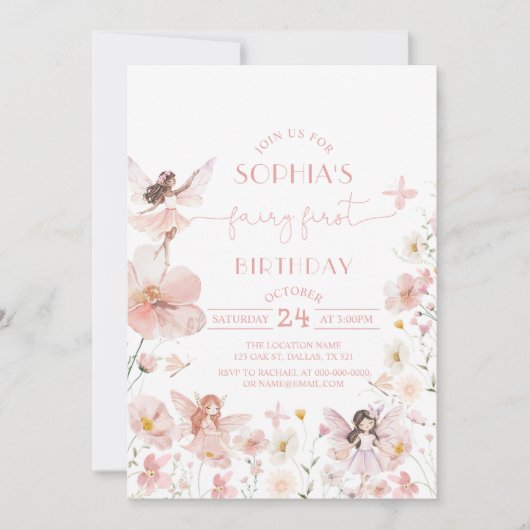 ピンクフローラフェアリーファースト誕生日招待状 招待状 (正面)