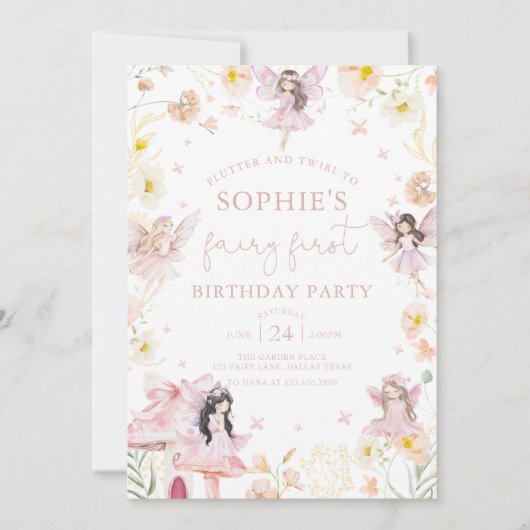 ピンクフローラフェアリーファースト誕生日招待状 招待状 (正面)