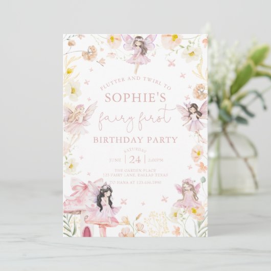 ピンクフローラフェアリーファースト誕生日招待状 招待状 (スタンド正面)