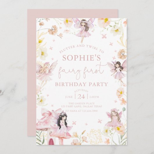 ピンクフローラフェアリーファースト誕生日招待状 招待状 (正面/裏面)