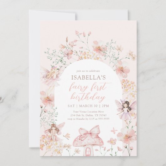 ピンクフローラフェアリーファースト誕生日 招待状 (正面)