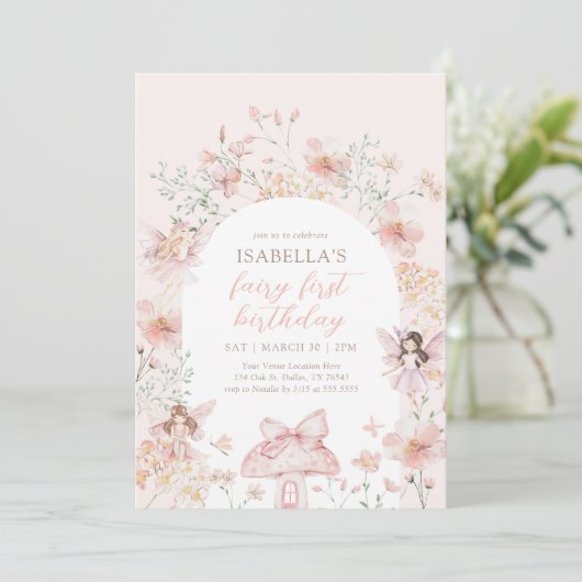 ピンクフローラフェアリーファースト誕生日 招待状 (スタンド正面)