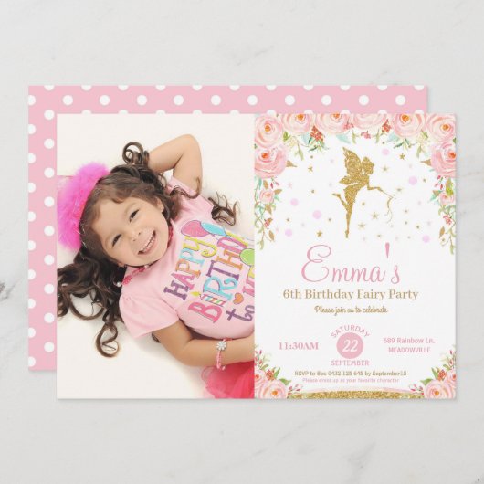 ピンクフローラフェアリー1st誕生日パーティの招待状 招待状 (正面/裏面)