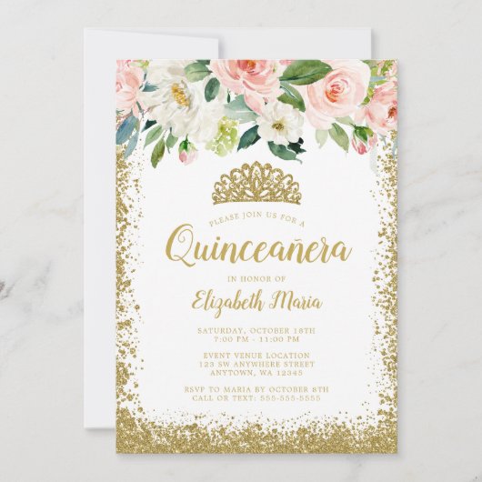 ピンクフローラフェイクグリッターティアラキンセアニェラ 招待状 (正面)