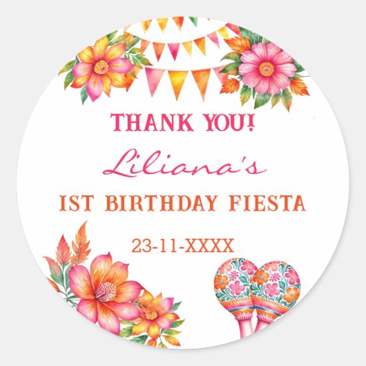 ピンクフローラフェスタ1歳の誕生日ありがとう ラウンドシール (正面)