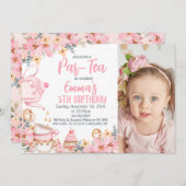 ピンクフローラフォトパルティー誕生日招待状 招待状 (正面/裏面)