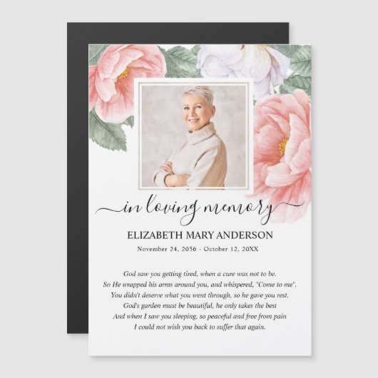 ピンクフローラフォト悔やみや弔慰葬儀祈りの言葉カード (正面/裏面)