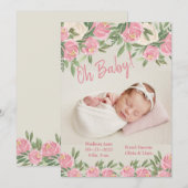 ピンクフローラフォトOhベビースクリプト誕生 案内状 (正面/裏面)