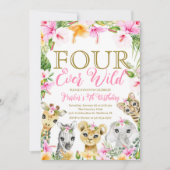 ピンクフローラフォーエバーワイルドジャングル誕生日ガール 招待状 (正面)