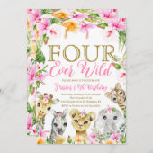 ピンクフローラフォーエバーワイルドジャングル誕生日ガール 招待状 (正面/裏面)