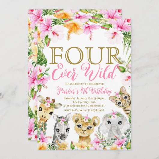 ピンクフローラフォーエバーワイルドジャングル誕生日ガール 招待状 (正面/裏面)