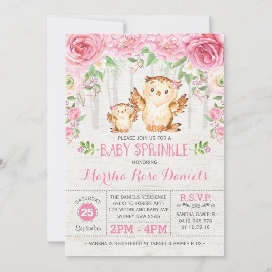 ピンクフローラフクロウ赤ちゃんガールシャワー招待状森 招待状 (正面)