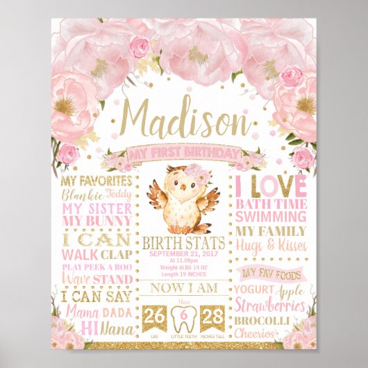 ピンクフローラフクロウ1stバースデーマイルストーン誕生統計 ポスター (正面)