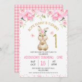 ピンクフローラフューリーバニー金ゴールドワン第1誕生日 招待状 (正面/裏面)
