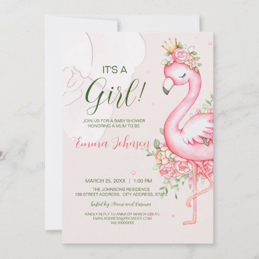 ピンクフローラフラミンゴベビーシャワー 招待状 (正面)
