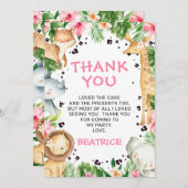 ピンクフローラフリージサファリ誕生日サンキューカード 招待状 (正面/裏面)