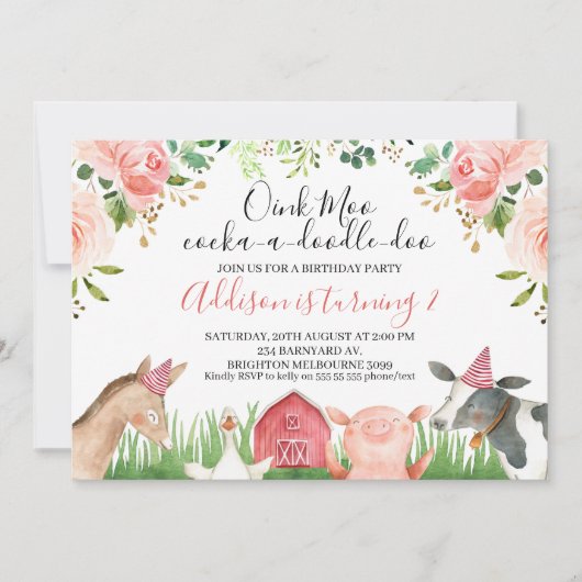 ピンクフローラフリージファームアニマルズ誕生日 招待状 (正面)
