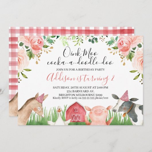 ピンクフローラフリージファームアニマルズ誕生日 招待状 (正面/裏面)