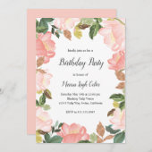 ピンクフローラフレームエレガントな誕生日パーティー 招待状 (正面/裏面)