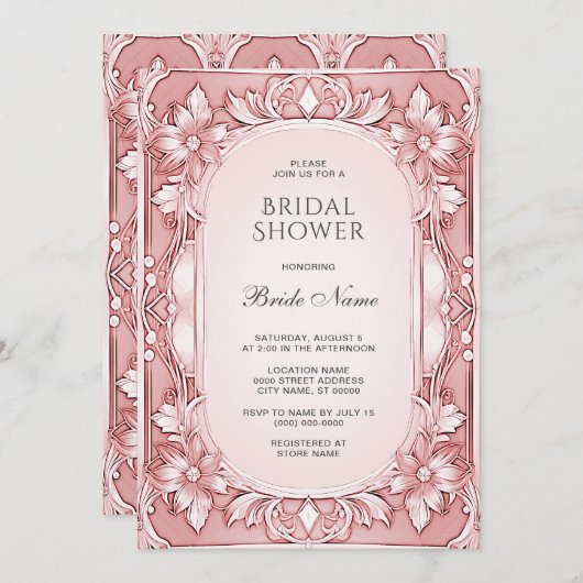 ピンクフローラフレームブライダルシャワー 招待状 (正面/裏面)