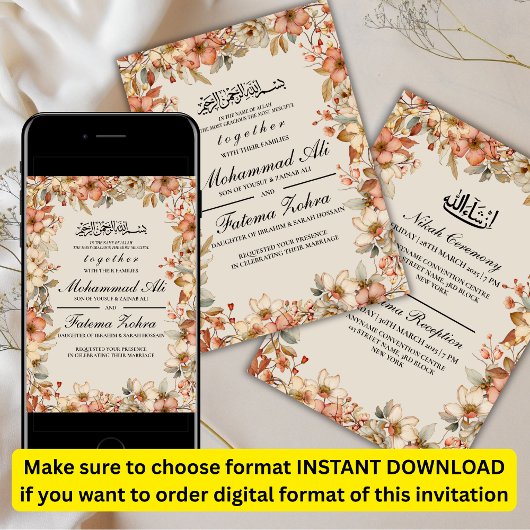 ピンクフローラフレームムスリム結婚ズニカワリマ 招待状