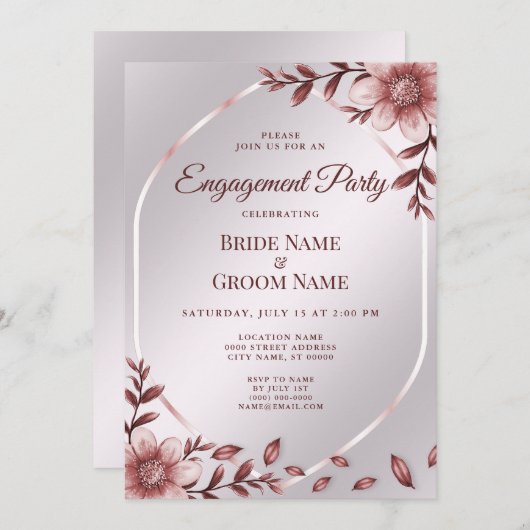 ピンクフローラフレーム婚約招待状 招待状 (正面/裏面)