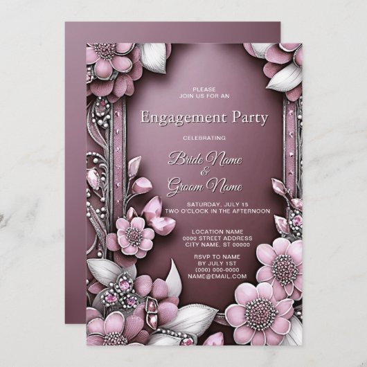 ピンクフローラフレーム婚約招待状 招待状 (正面/裏面)