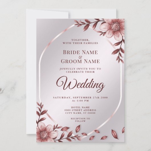 ピンクフローラフレーム結婚式招待状 招待状 (正面)