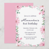 ピンクフローラフレーム81歳の誕生日招待状 招待状 (正面/裏面)