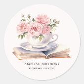 ピンクフローラブックテーマ誕生日お気に入りステッカー ラウンドシール (正面)