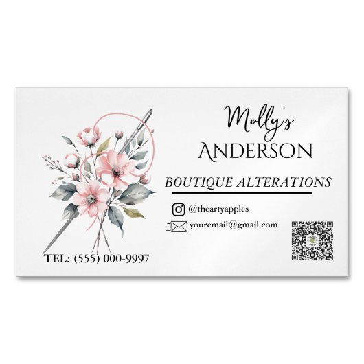 ピンクフローラブティック裁縫&リカーズ マグネット名刺 (正面)