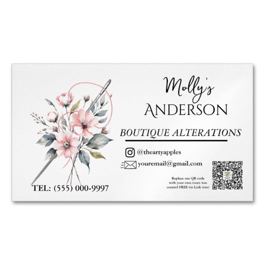 ピンクフローラブティック裁縫&リカーズ マグネット名刺 (正面)