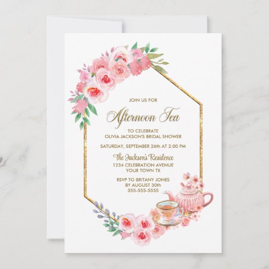 ピンクフローラブライダルシャワーアフタヌーンティー 招待状 (正面)
