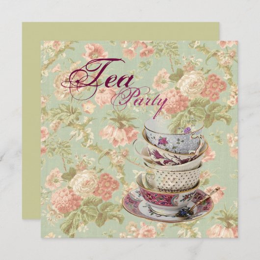 ピンクフローラブライダルシャワーティーパーティの招待状 招待状 (正面/裏面)