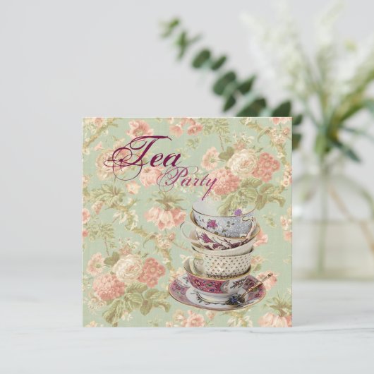 ピンクフローラブライダルシャワーティーパーティの招待状 招待状 (スタンド正面)