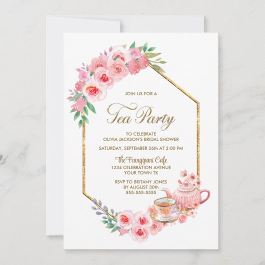 ピンクフローラブライダルシャワーティーパーティの招待状 招待状 (正面)