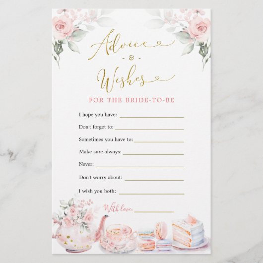 ピンクフローラブライダルシャワーティーパーティーアドバイスカード (正面)