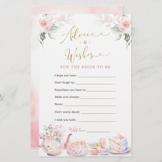ピンクフローラブライダルシャワーティーパーティーアドバイスカード (正面/裏面)