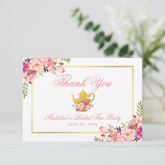ピンクフローラブライダルシャワーティーパーティー感謝してい 招待状 (スタンド正面)