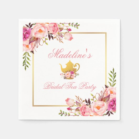 ピンクフローラブライダルシャワーティーパーティー スタンダードカクテルナプキン (正面)