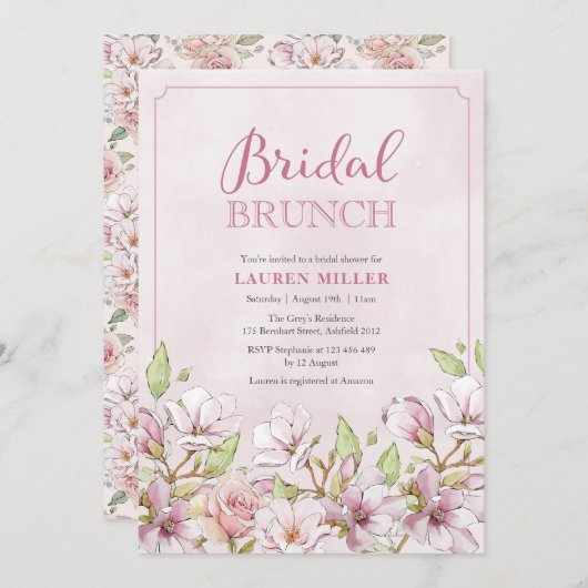 ピンクフローラブライダルシャワーブランチ招待 招待状 (正面/裏面)