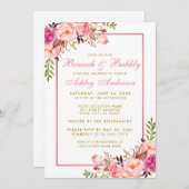 ピンクフローラブライダルシャワーブランチ金ゴールド招待状 招待状 (正面/裏面)