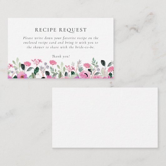 ピンクフローラブライダルシャワーレシピ要求 エンクロージャーカード (正面/裏面)