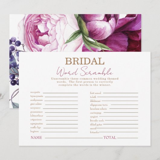 ピンクフローラブライダルシャワーワードスクランブルゲーム 招待状 (正面/裏面)
