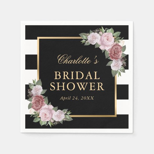 ピンクフローラブライダルシャワー白黒ストライプの スタンダードカクテルナプキン (正面)